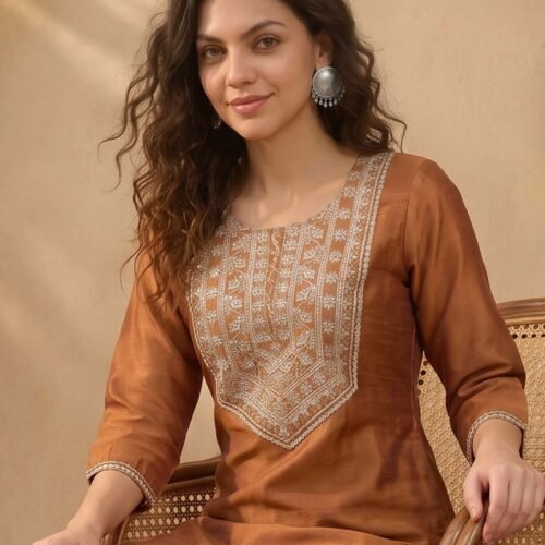 Yellow Embroidered Silk Blend Kurta
