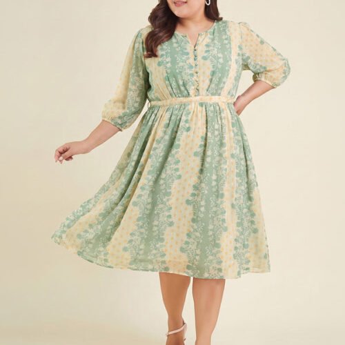 Plus Size Cream Floral Dress Fit & Flare | Ayat Closet